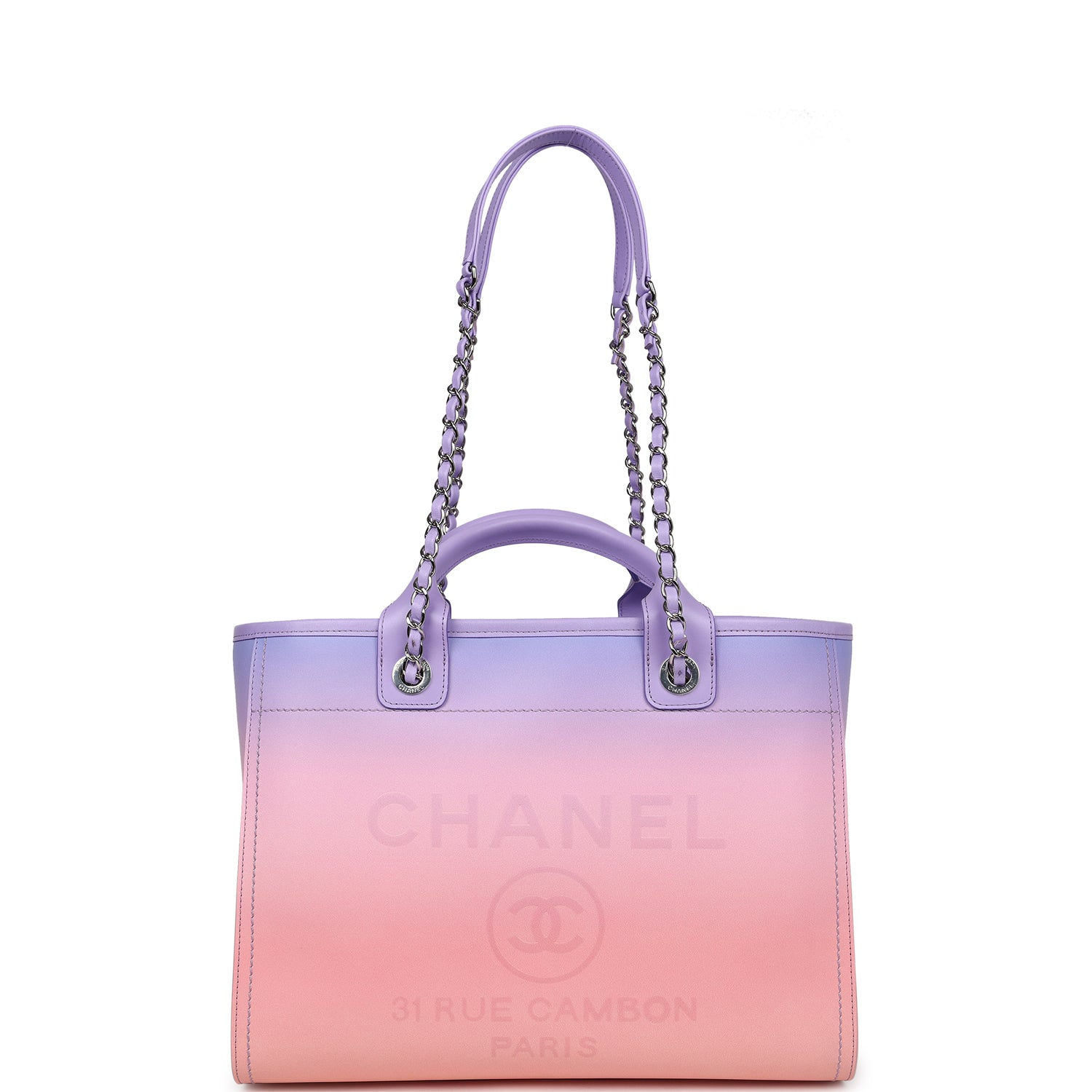 Front view of a Chanel Deauville tote in pink-to-lilac ombré calfskin leather