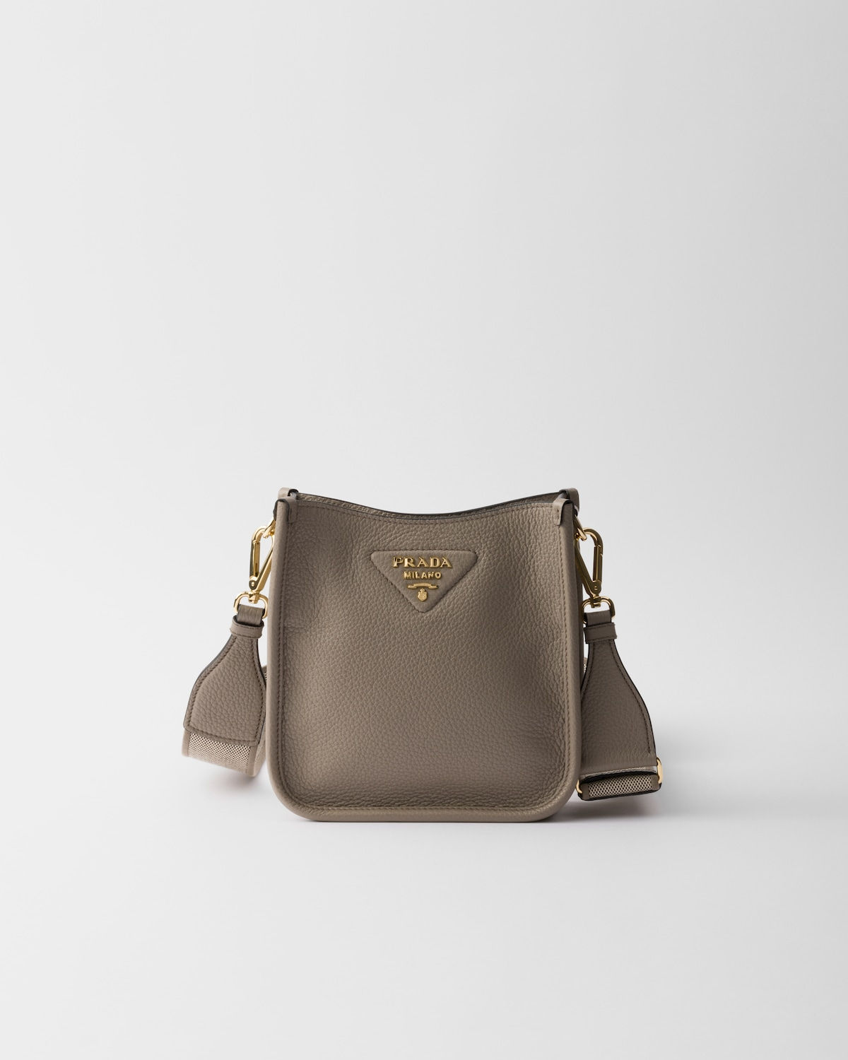 Prada mini flap shoulder bag in clay gray calfskin – front view