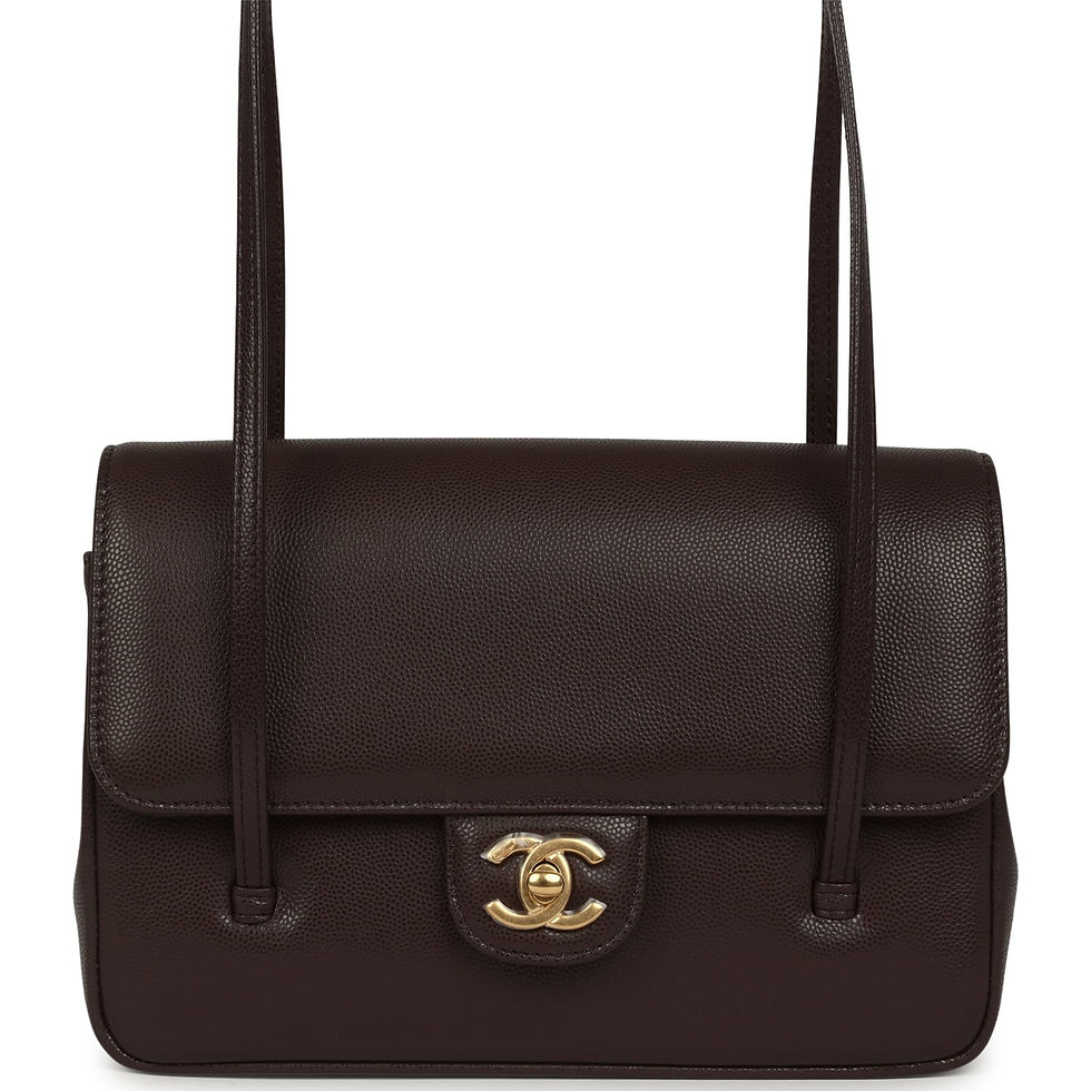 Front view of a dark brown caviar Chanel flap bag with brushed gold CC turnlock and long straps