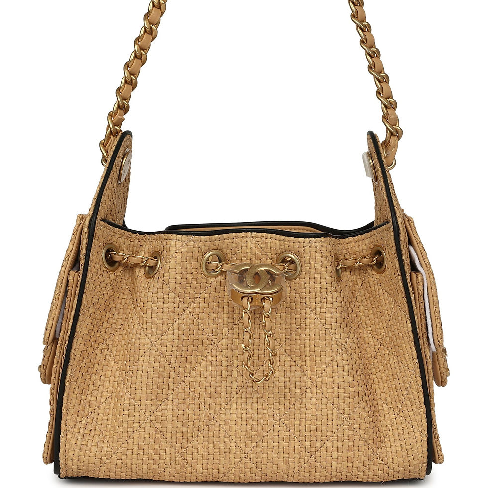 Chanel 25 Mini hobo bag in woven beige raffia with black calfskin trim and gold-tone chain straps