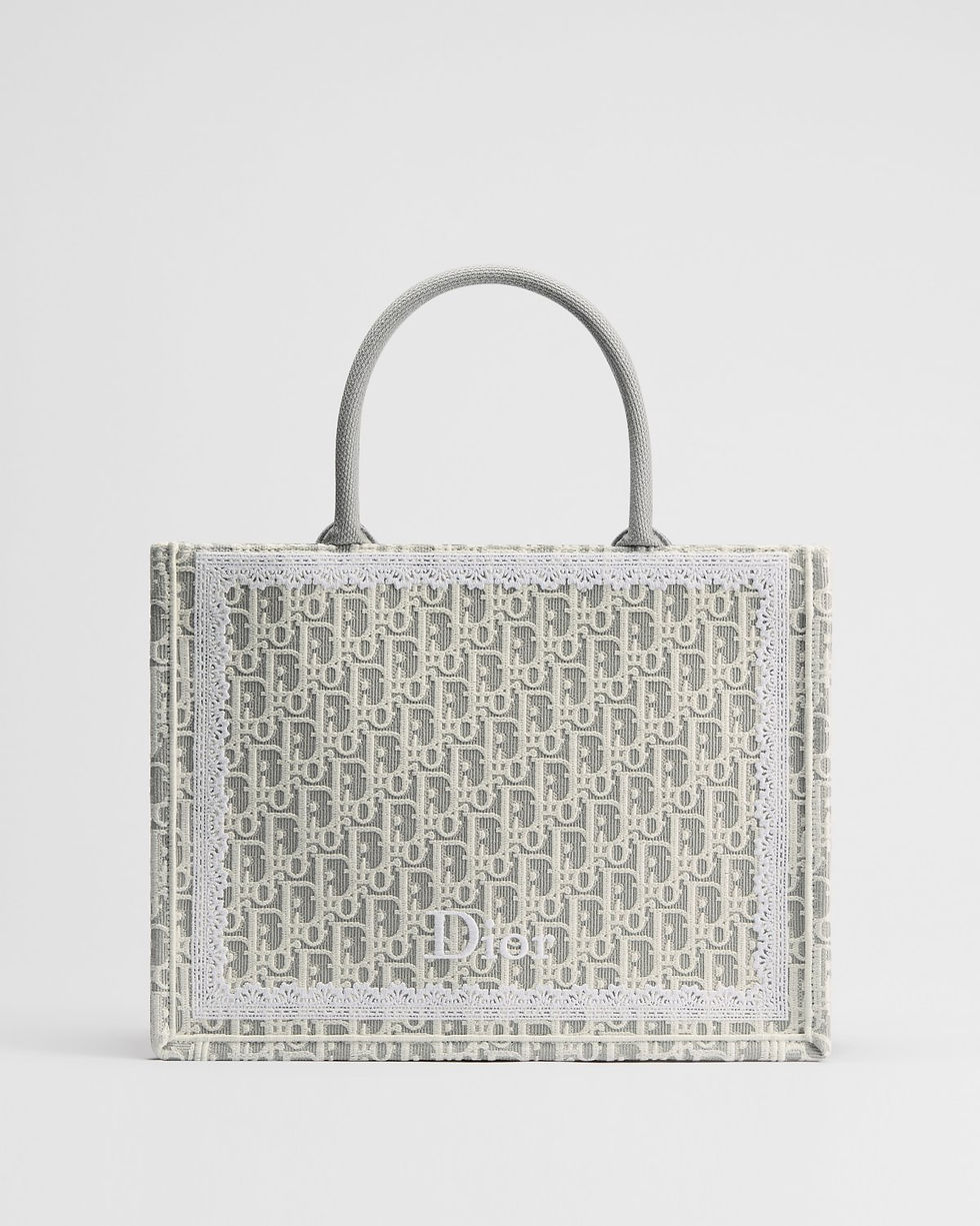 Dior Medium Book Tote in grey fully embroidered Dior Oblique with lace frame – front view