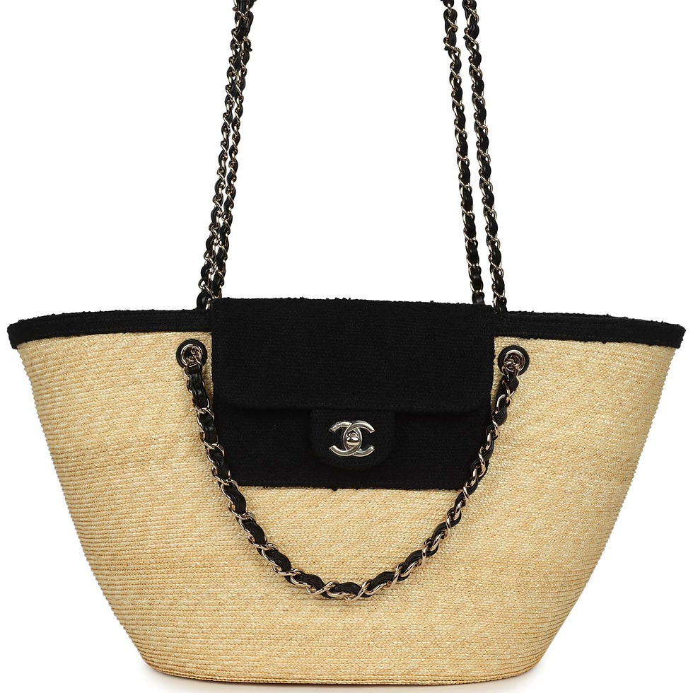 Chanel Large Coco Vibe Shopping Tote in beige raffia, shown front-facing with its black tweed flap pocket