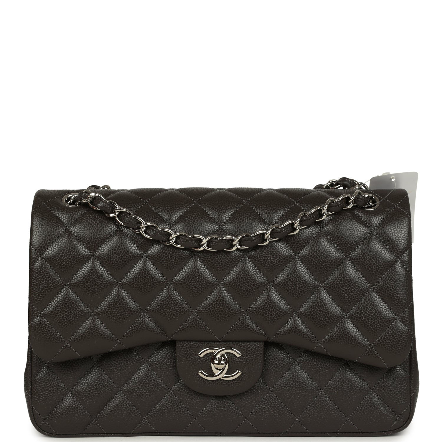 Front view of the Chanel Jumbo Classic Double Flap Bag in dark grey caviar leather with silver-tone hardware and chain strap