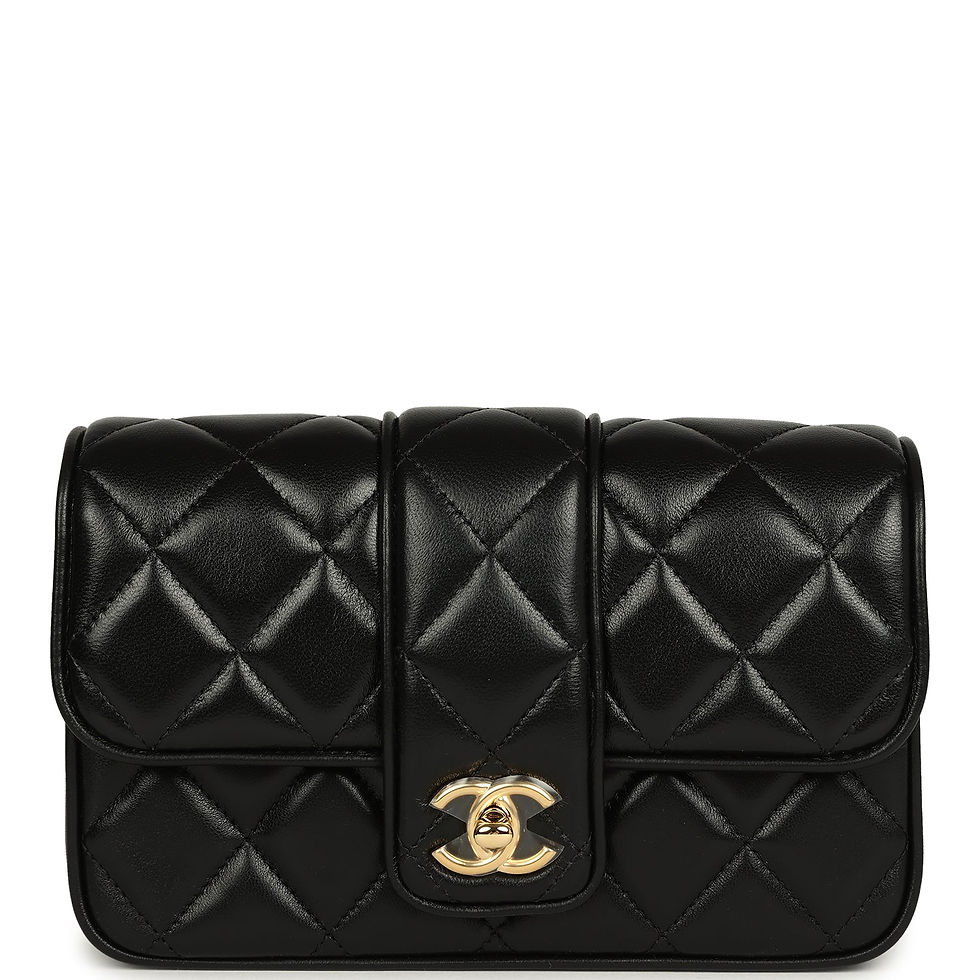 Chanel Mini Tab Flap Bag in black lambskin, front view with gold CC turnlock on raised tab