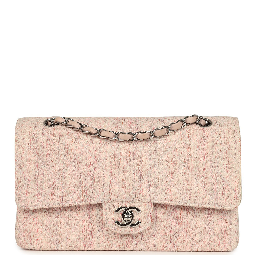 Vintage Chanel Medium Classic Double Flap bag in light pink and white tweed, front view