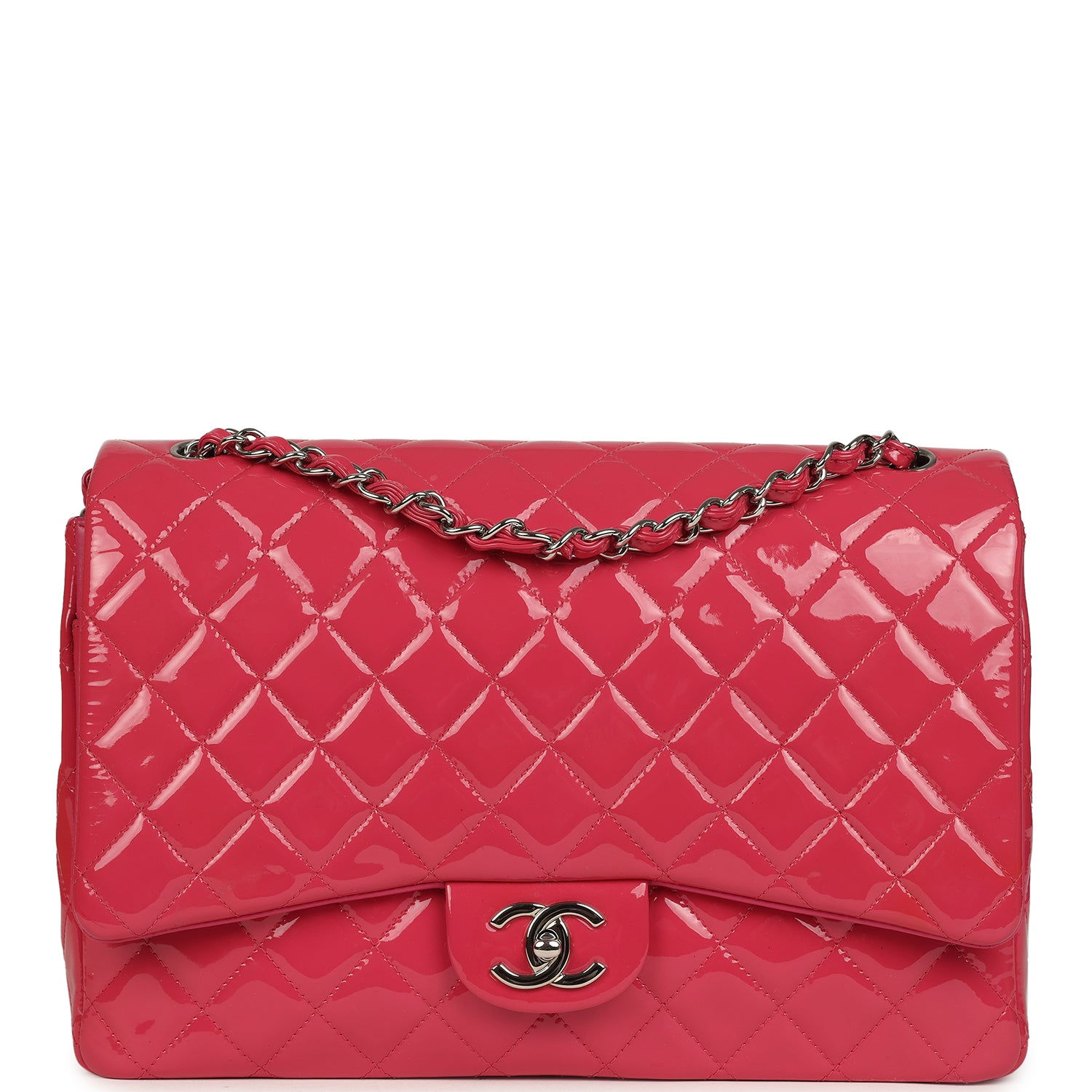 Front view of the pre-owned Chanel Maxi Classic Double Flap Bag in dark pink patent leather with silver-tone hardware