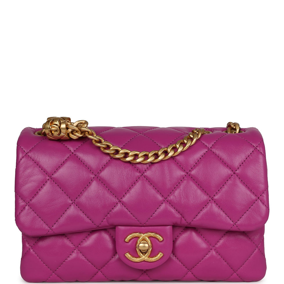 Front view of the Chanel Small Crush Flap Bag in vivid purple calfskin with a matte gold CC turn-lock