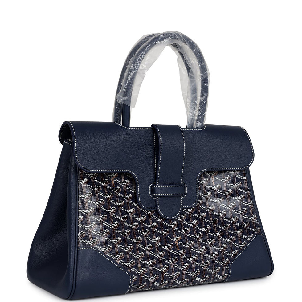 Goyard Saigon tote bag in Navy Blue Goyardine, angled view showing the leather flap