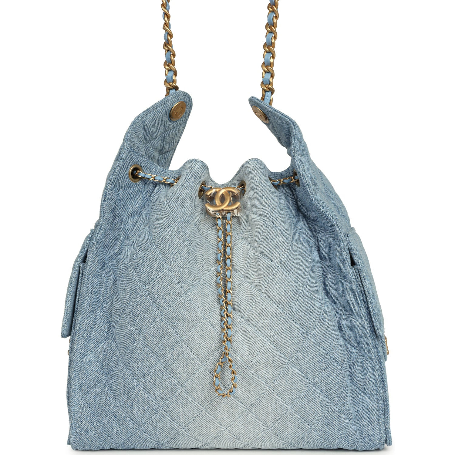 Chanel 25 Medium hobo bag in light blue washed denim with gold-tone chain straps