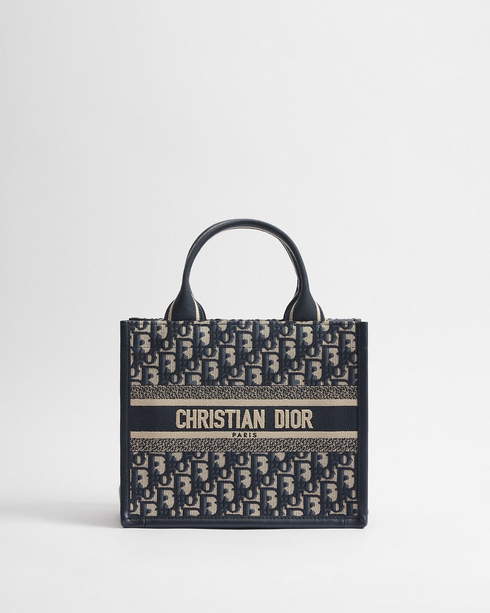 Thumbnail: Dior Small Book Tote in blue Dior Oblique embroidery and calfskin – front view