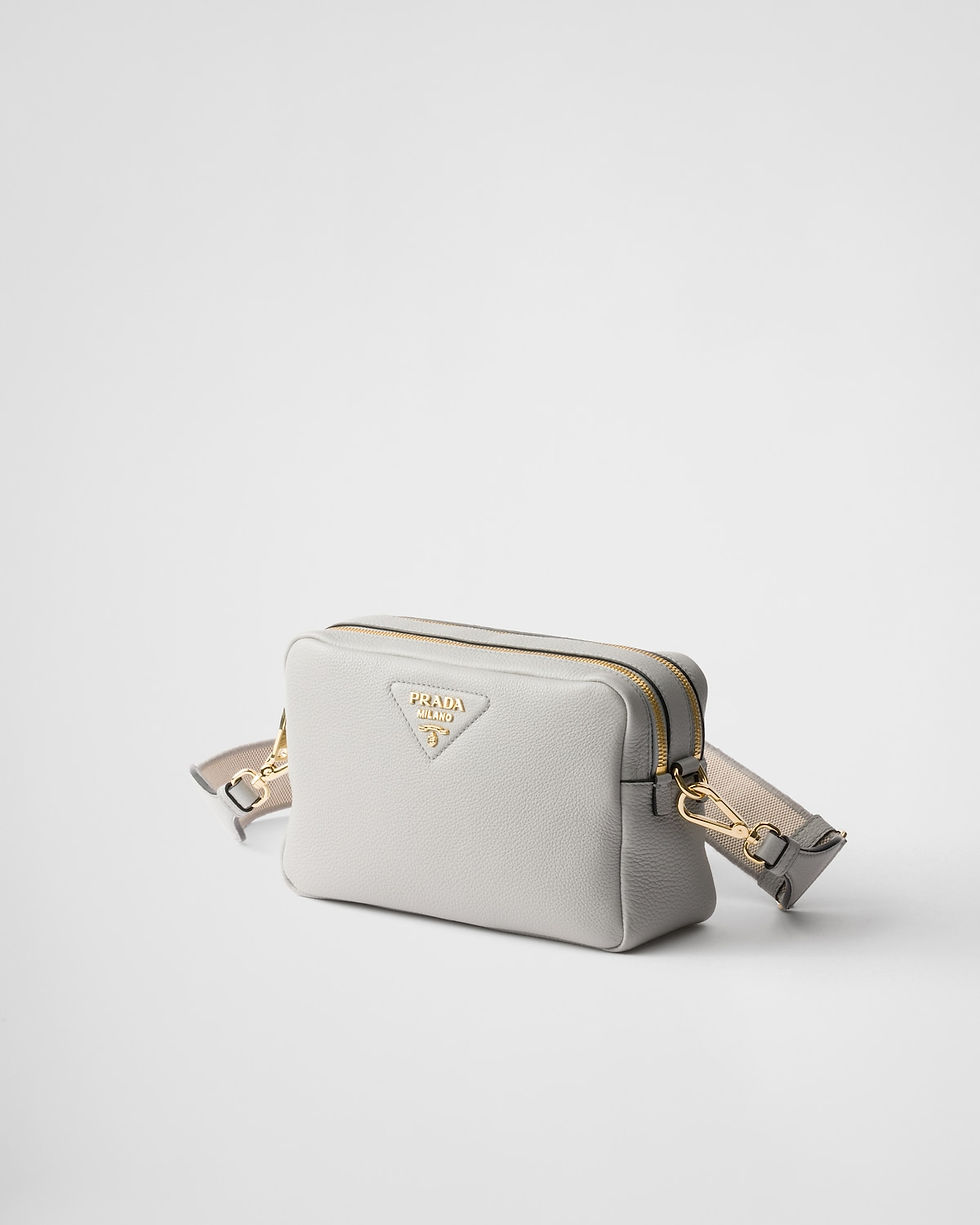 Prada small shoulder bag in granite gray calfskin with woven tape strap – view 2