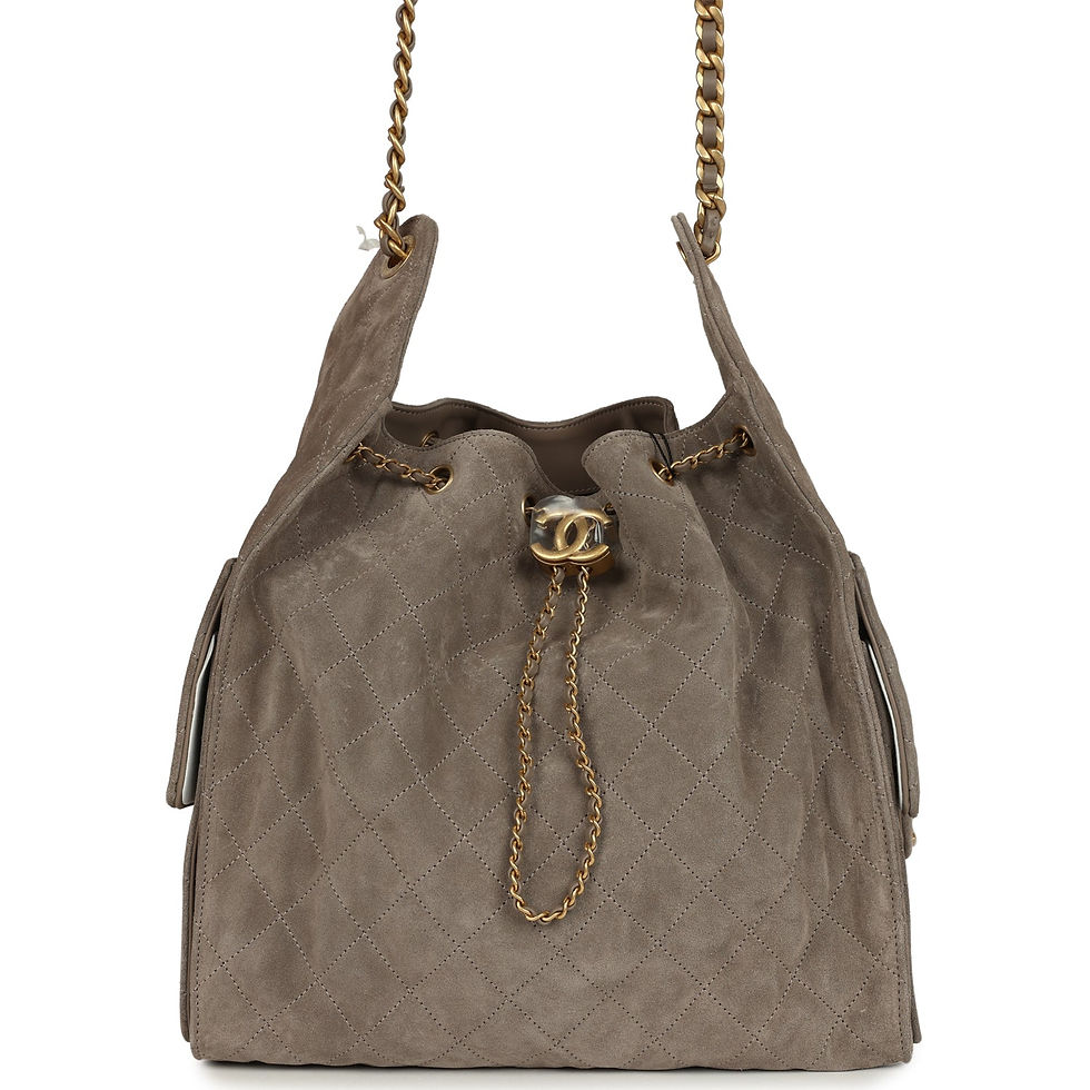 Front view of the dark grey suede Chanel 25 Medium bag with gold-tone fastening