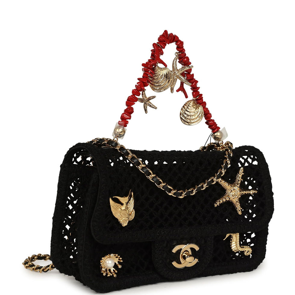 Close-up of coral bead handle with gold shell and starfish charms on Chanel flap bag