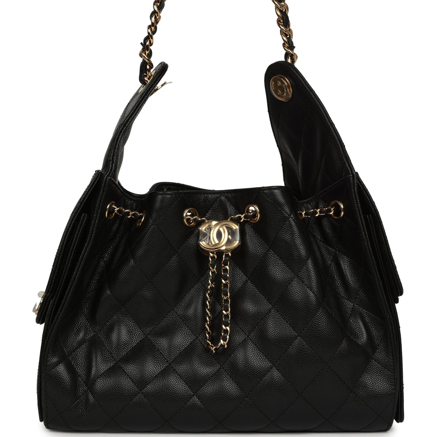Chanel Small 25 Hobo Bag in black caviar leather, front view with drawstring and gold CC turnlock