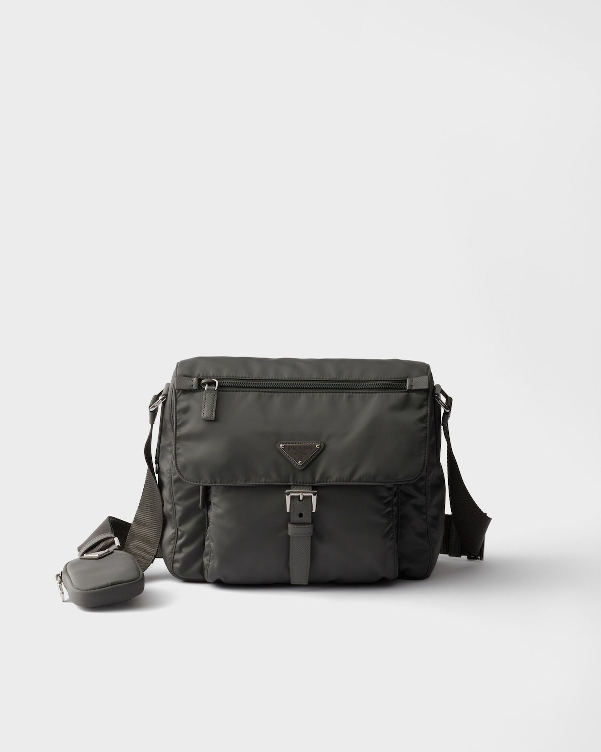 Prada shoulder bag with buckle pocket in mercury gray Re-Nylon – front view