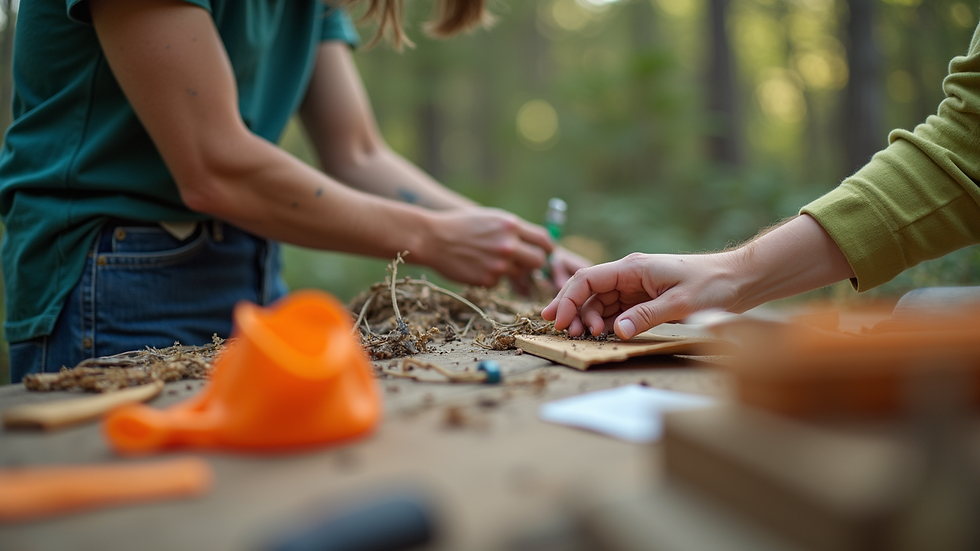 Close-up view of a camp counselor preparing outdoor activity materials