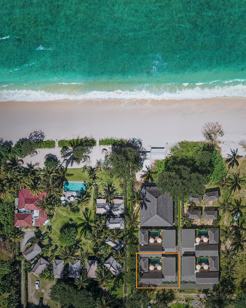 Aerial drone map of beachfront land for sale in Serangan Lombok showing 30m distance to the beach.