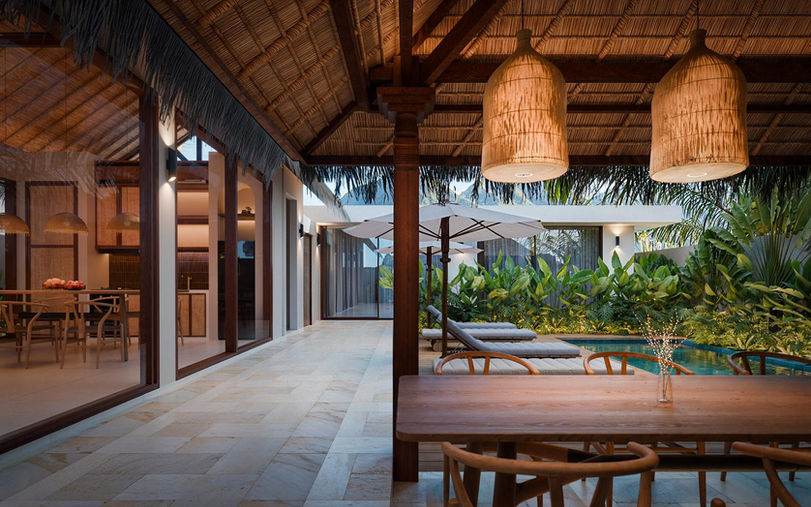 View from the dining area looking out to the private pool in a Serangan villa.