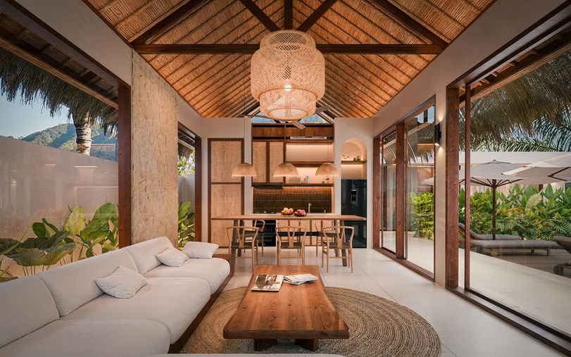 Modern kitchen and dining area in a luxury beachfront villa Serangan Lombok.