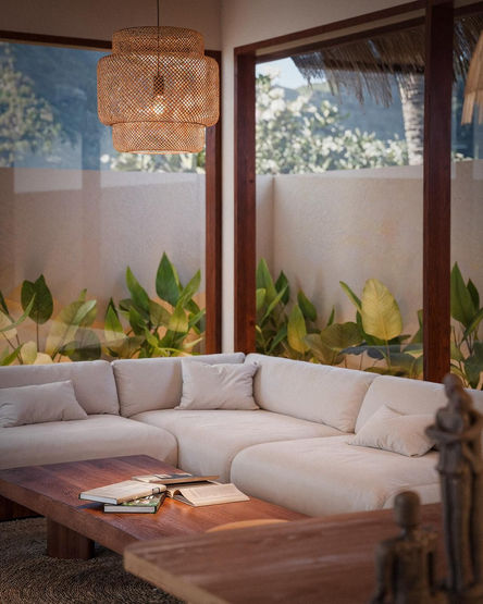 Modern sunken sofa and interior design of a high-end villa in Serangan.