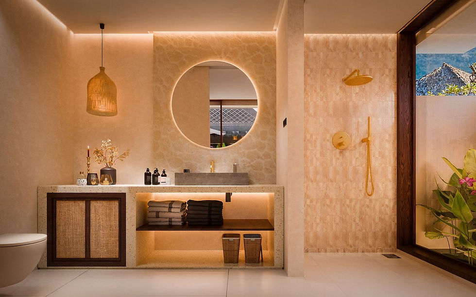 Modern luxury bathroom design with stone textures and ambient lighting in a villa for sale Serangan Lombok.
