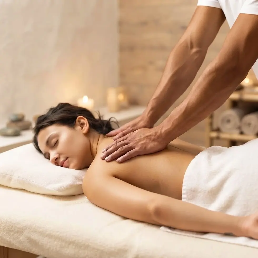 Spa photography of a woman receiving a therapeutic back massage. The serene atmosphere is enhanced by soft lighting and candles.