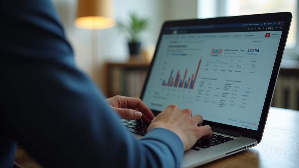 Close-up view of a person analyzing affiliate marketing data on a laptop
