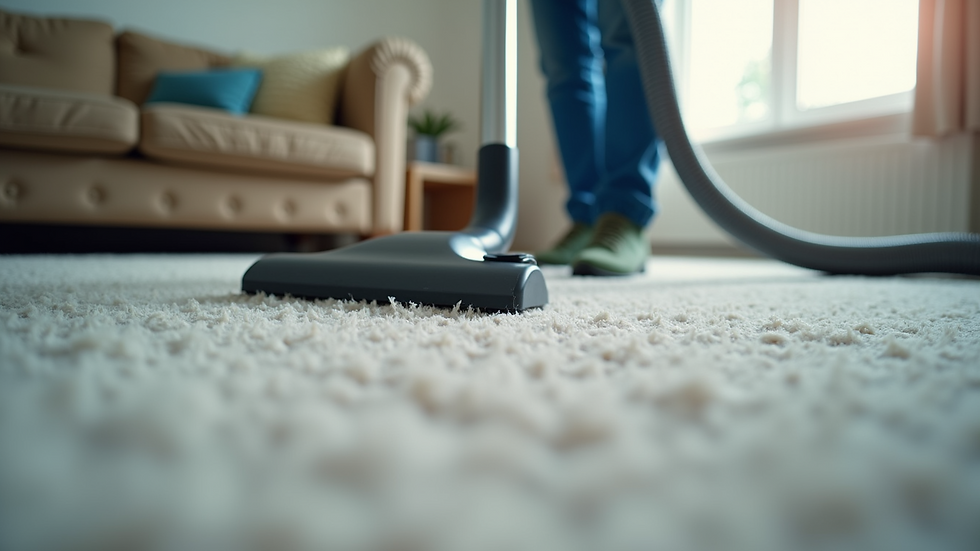 Eye-level view of a cleaning professional vacuuming a carpet