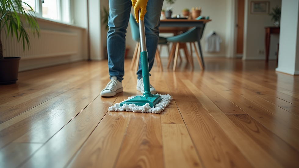 High angle view of a cleaning lady mopping a hardwood floor