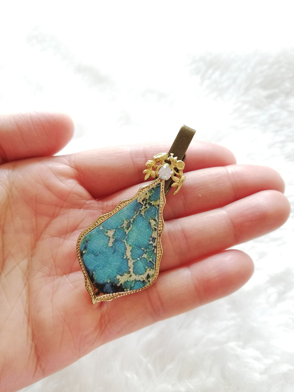 Vintage French Wooden Turquoise Silver Blue Rose Scarf Clothing Clip Brooch Tie