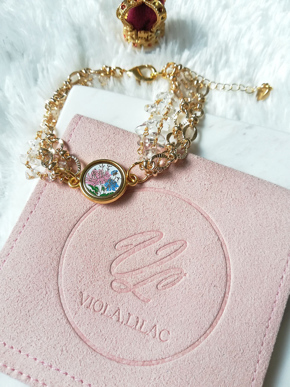 14K Gold Plated Quartz Rosary Chain Bracelet with Vintage Enamel Flower Charm