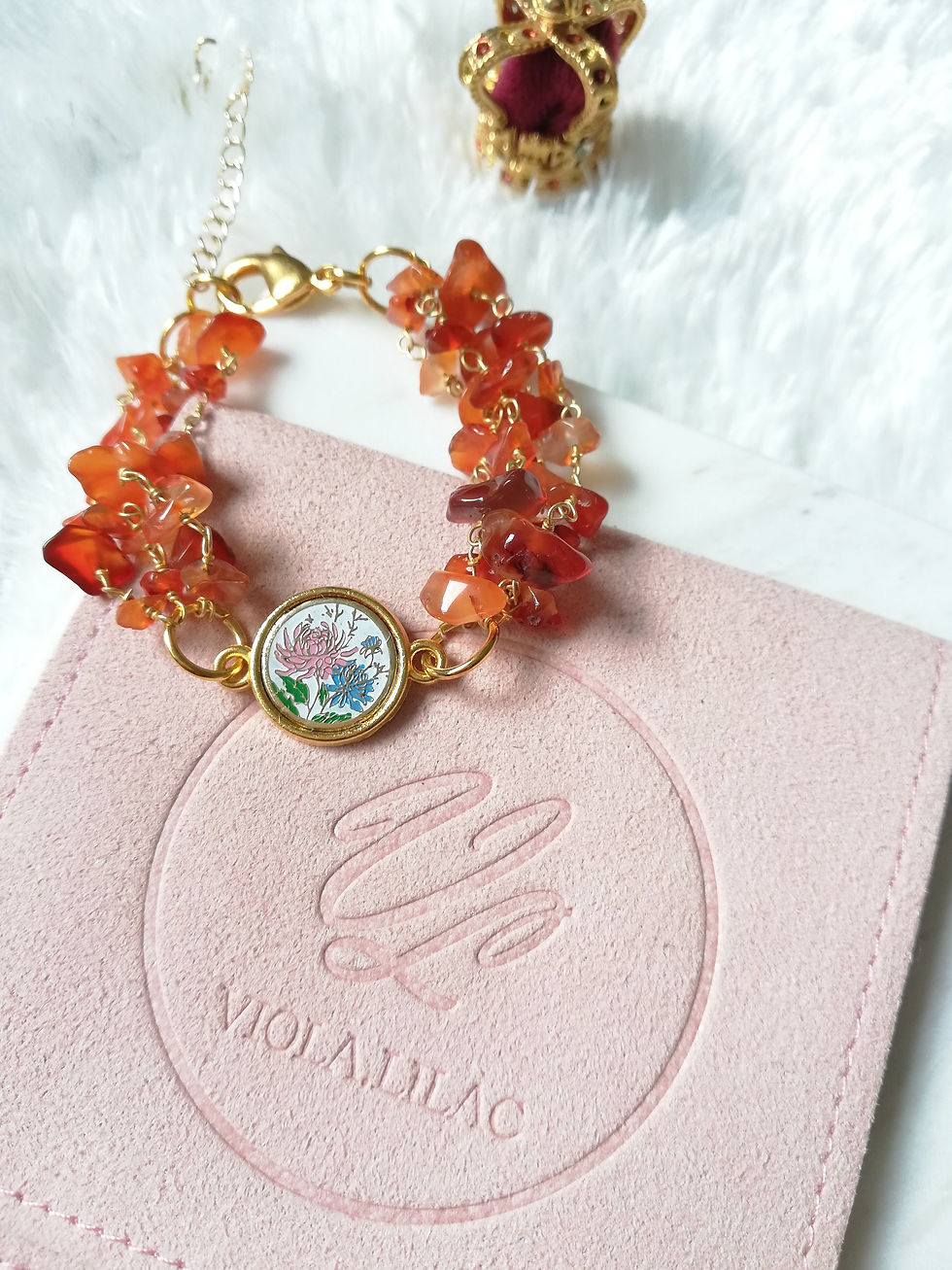 Carnelian Rosary Chain Bracelet with Vintage Gold Enamel Flower Charm