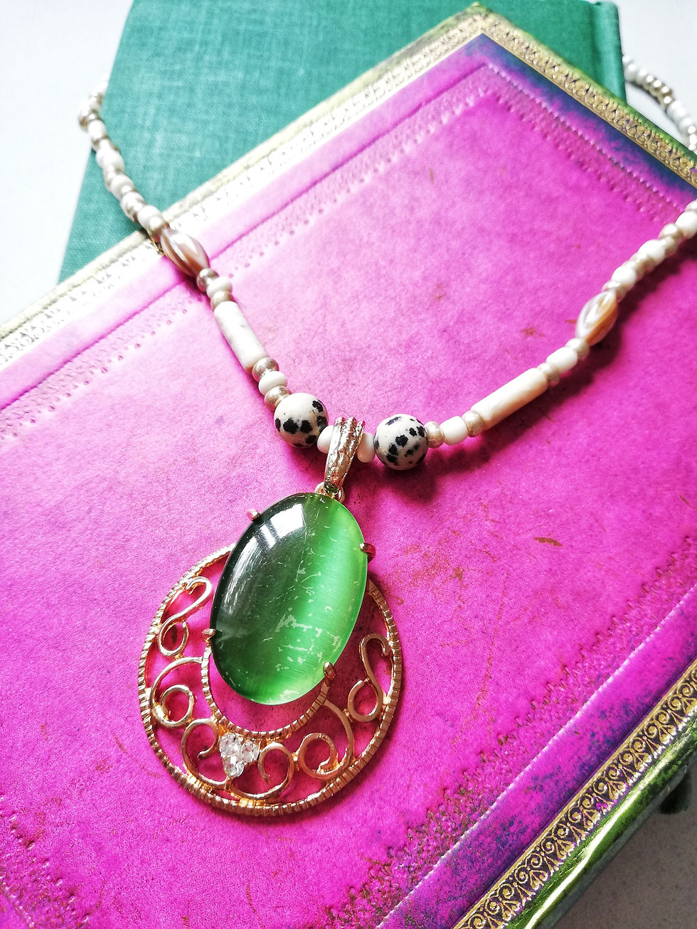 White Gold Beaded Necklace with Vintage Green Pendant Heart Charm