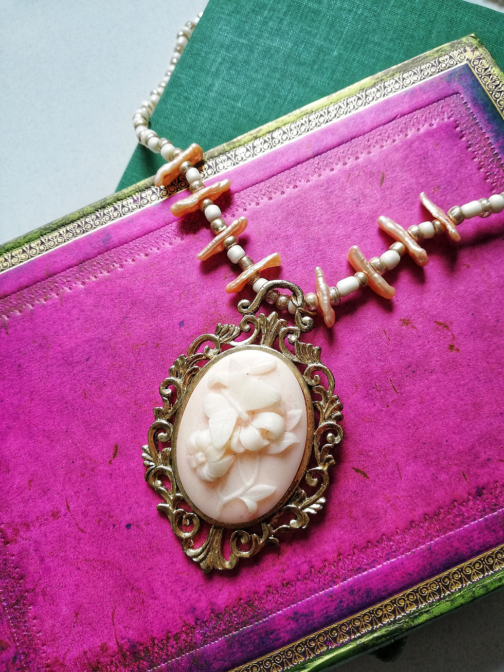White Gold Beaded Necklace with Vintage Peach Pink Floral Pendant Heart Charm
