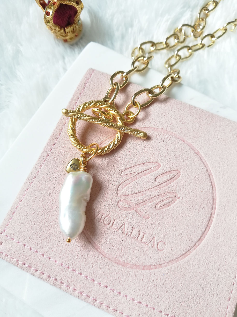 14K Gold Plated Long Chunky Chain Necklace with Freshwater Pearl Heart Charm