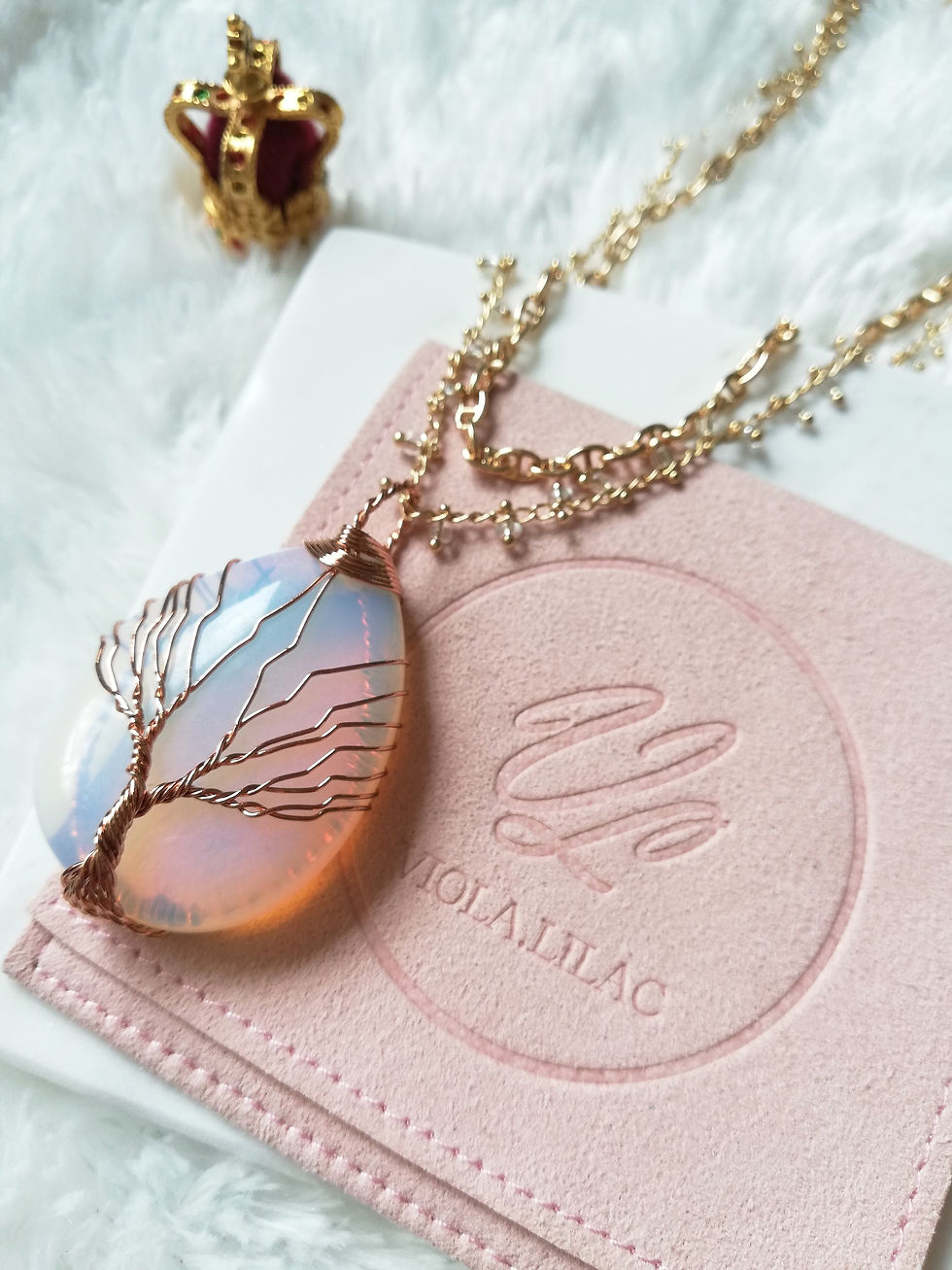 14K Gold Plated Layered Necklace with Opalite Tree of Life Teardrop Pendant