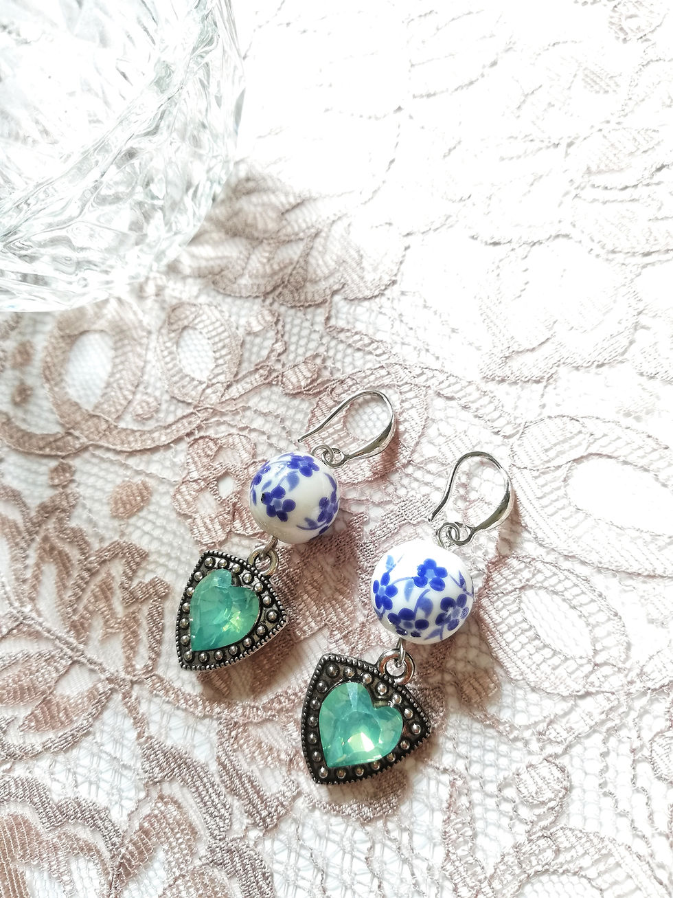 Ceramic Silver Hook Earrings Drop Crystal Green Gemstone Hearts