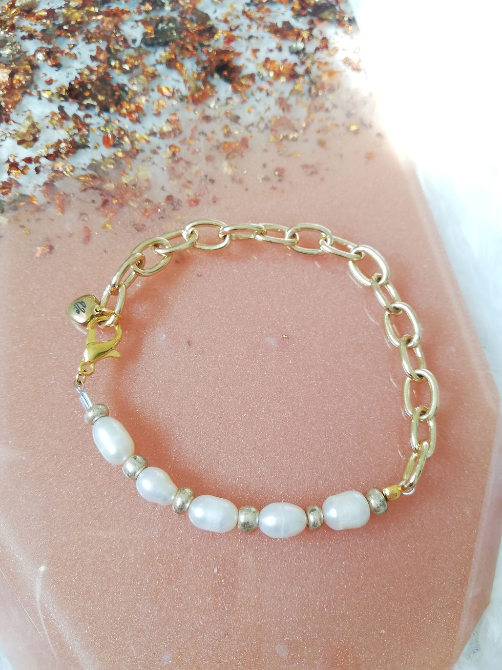 14K Gold Plated Chunky Link Chain Beaded Bracelet, Pearl Heart Charm