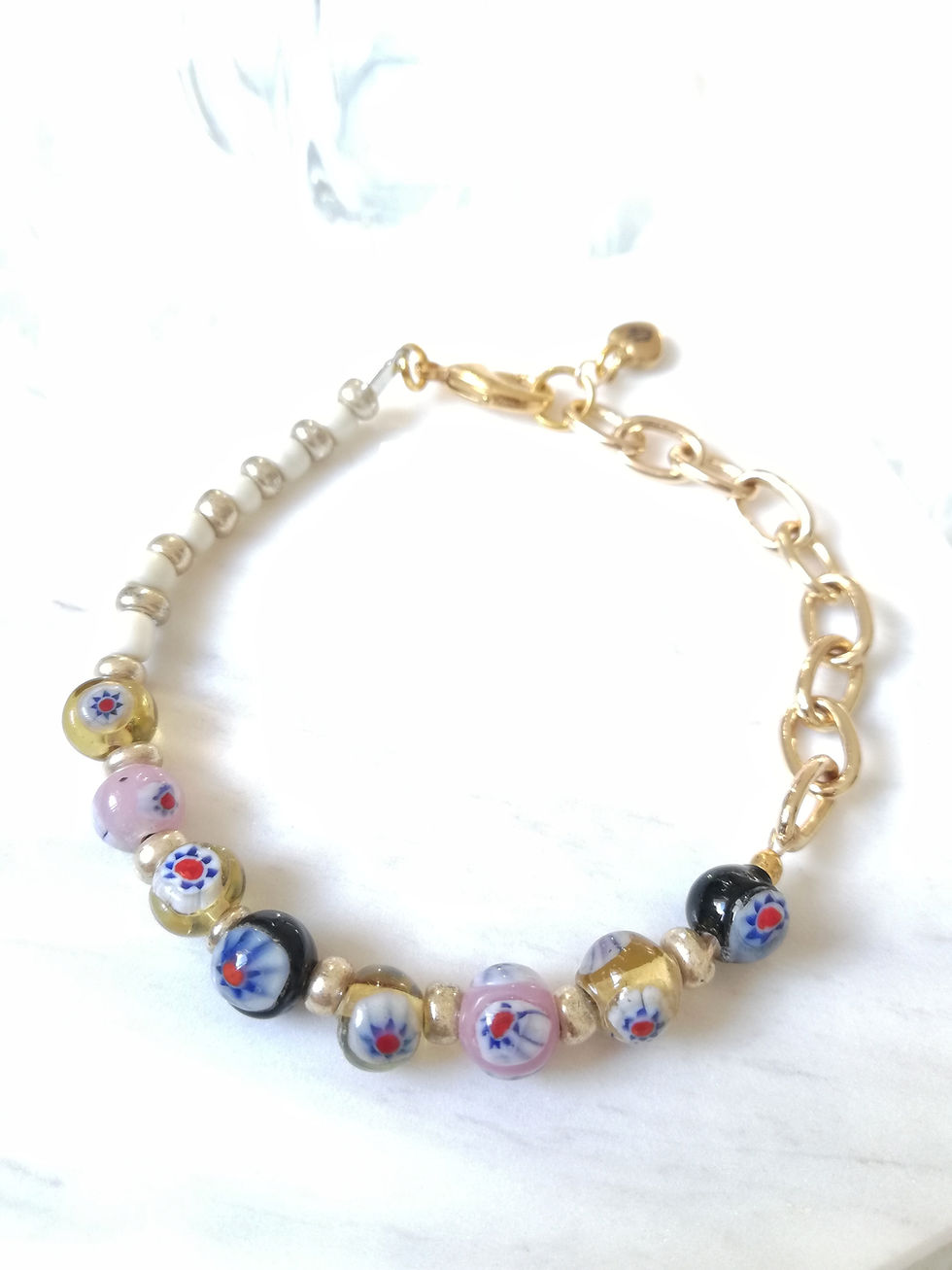14K Gold Plated Beaded Link Chain Bracelet , Colour White Gold Beads