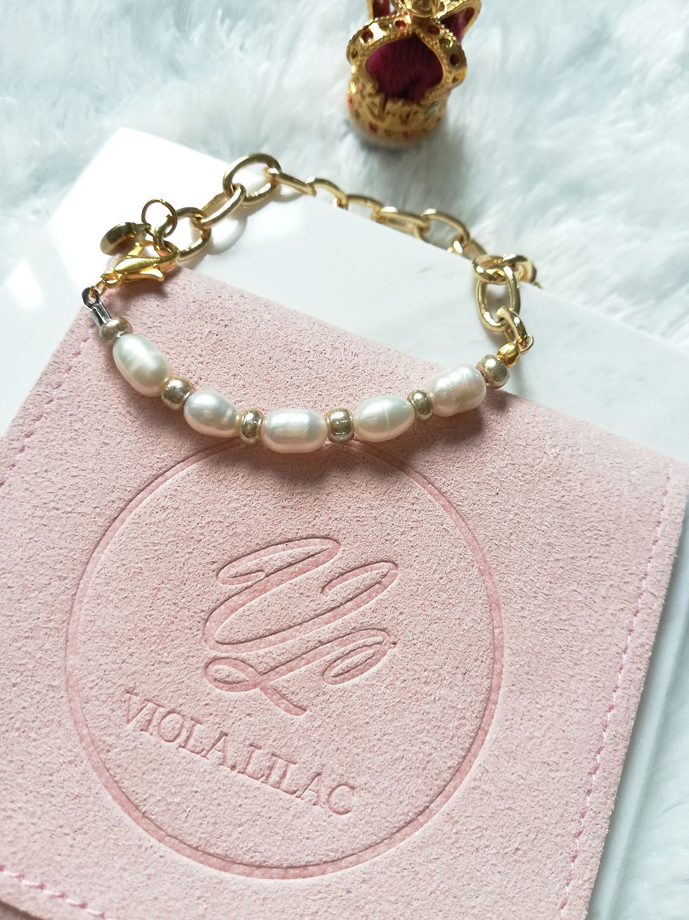 14K Gold Plated Chunky Link Chain Beaded Bracelet, Pearl Heart Charm