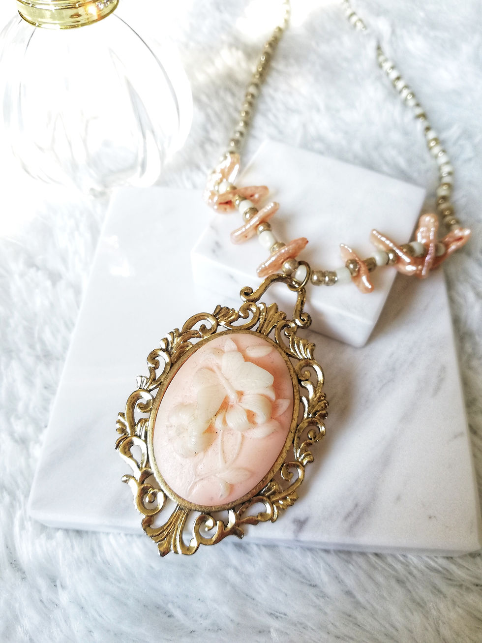 White Gold Beaded Necklace with Vintage Peach Pink Floral Pendant Heart Charm