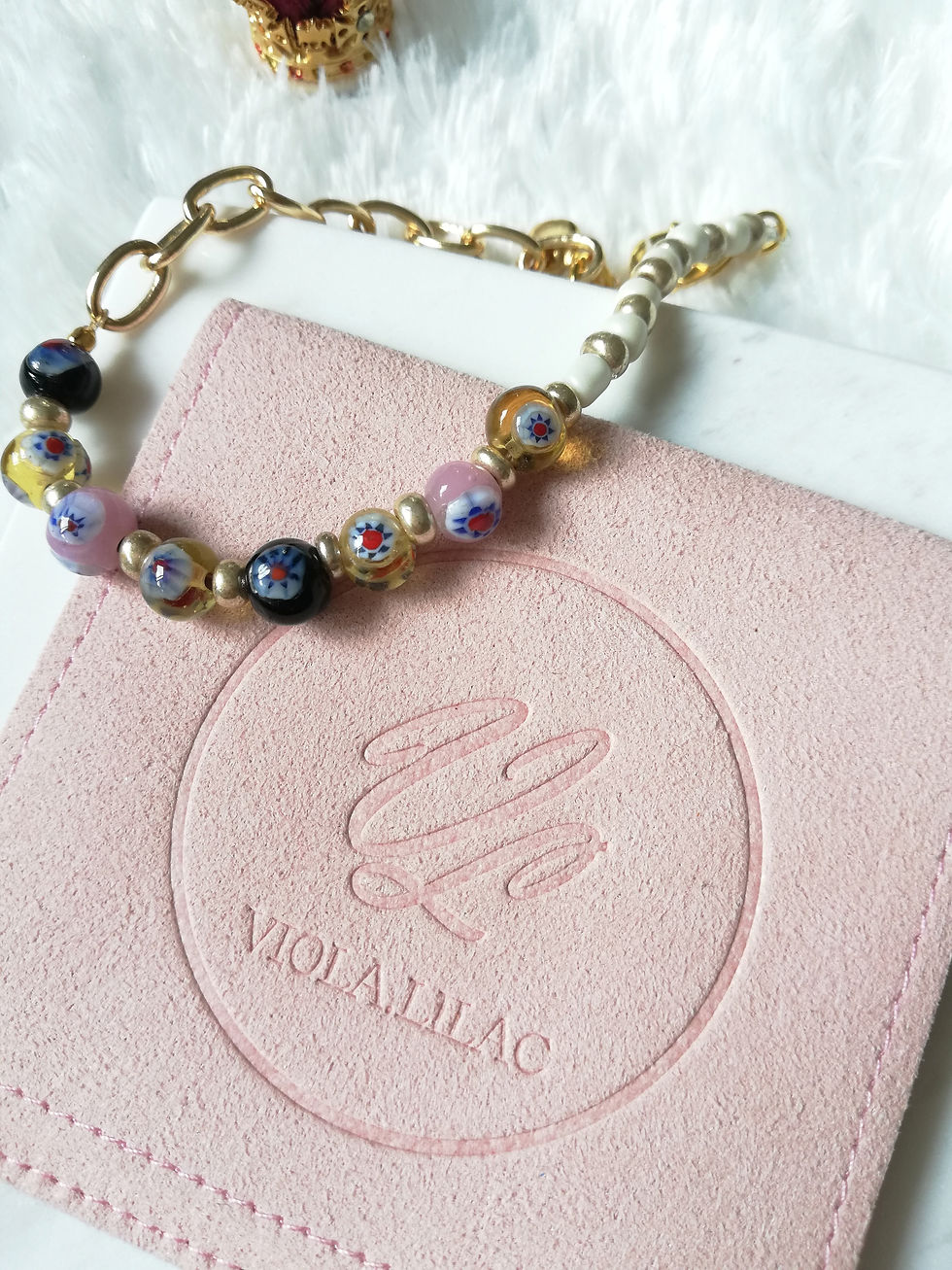 14K Gold Plated Beaded Link Chain Bracelet , Colour White Gold Beads