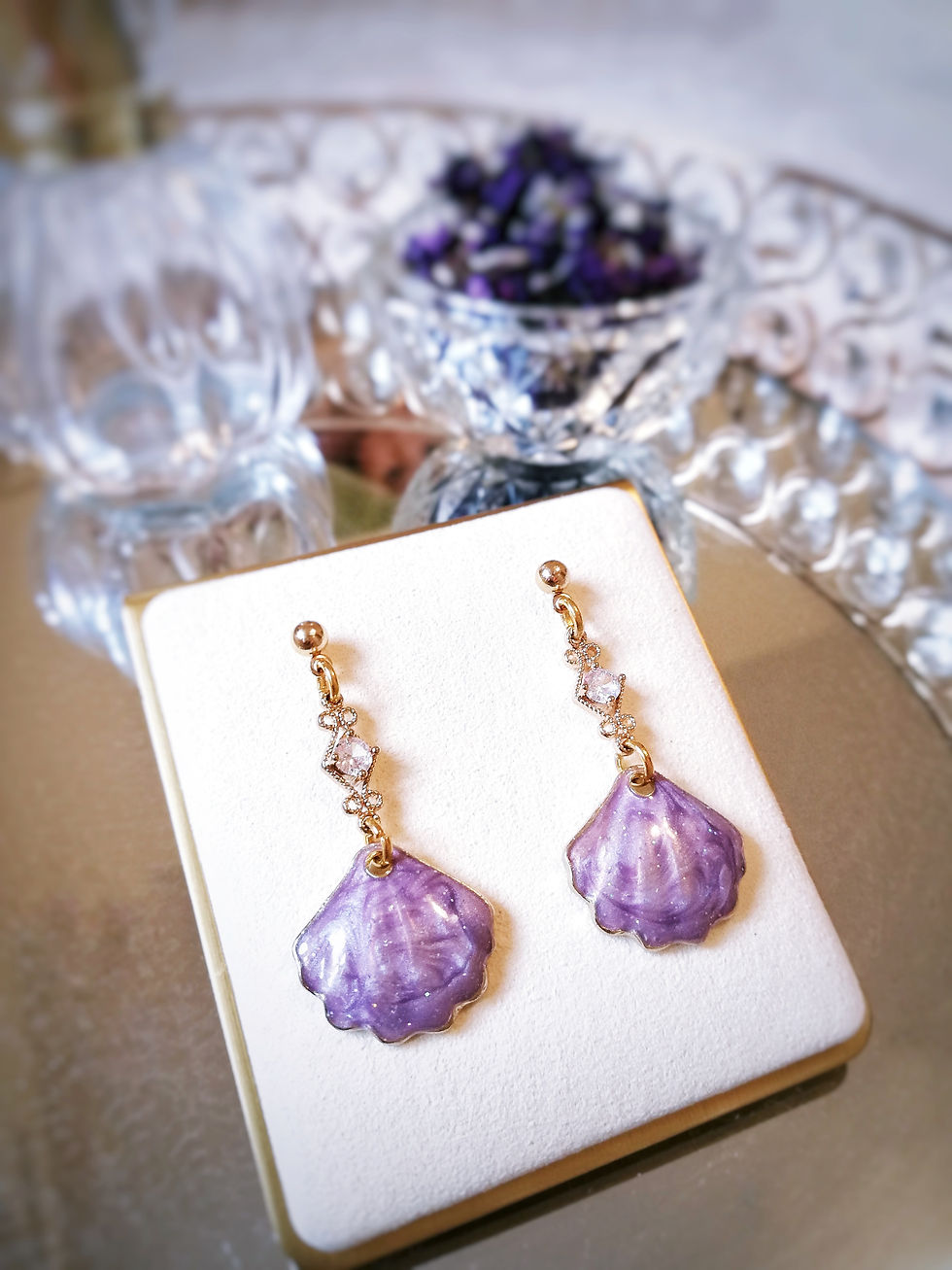 AAA Crystal 14k Gold Clamshell Enamel Lilac Earrings Gift