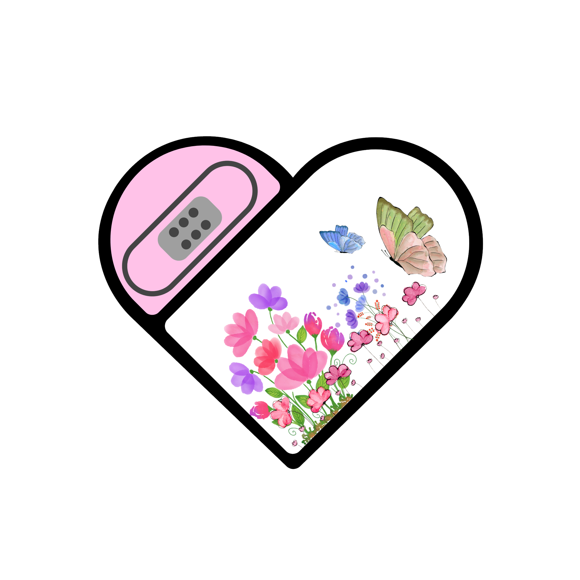 Heart-shaped bandage filled with blooming flowers and butterflies.