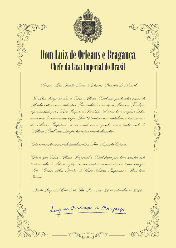 Carta em que D. Luiz concede a D. Antonio o tratamento de "Alteza Imperial"