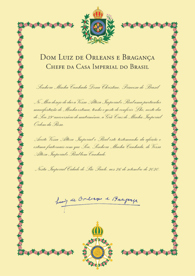 Carta em que D. Luiz concede a D. Christine a Grã Cruz da Imperial Ordem da Rosa