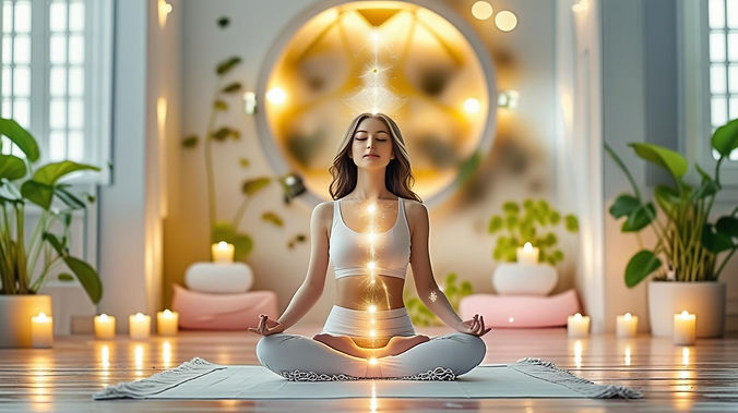 woman sitting in a minimalistic beautiful room with some green plants. Flower of life on t