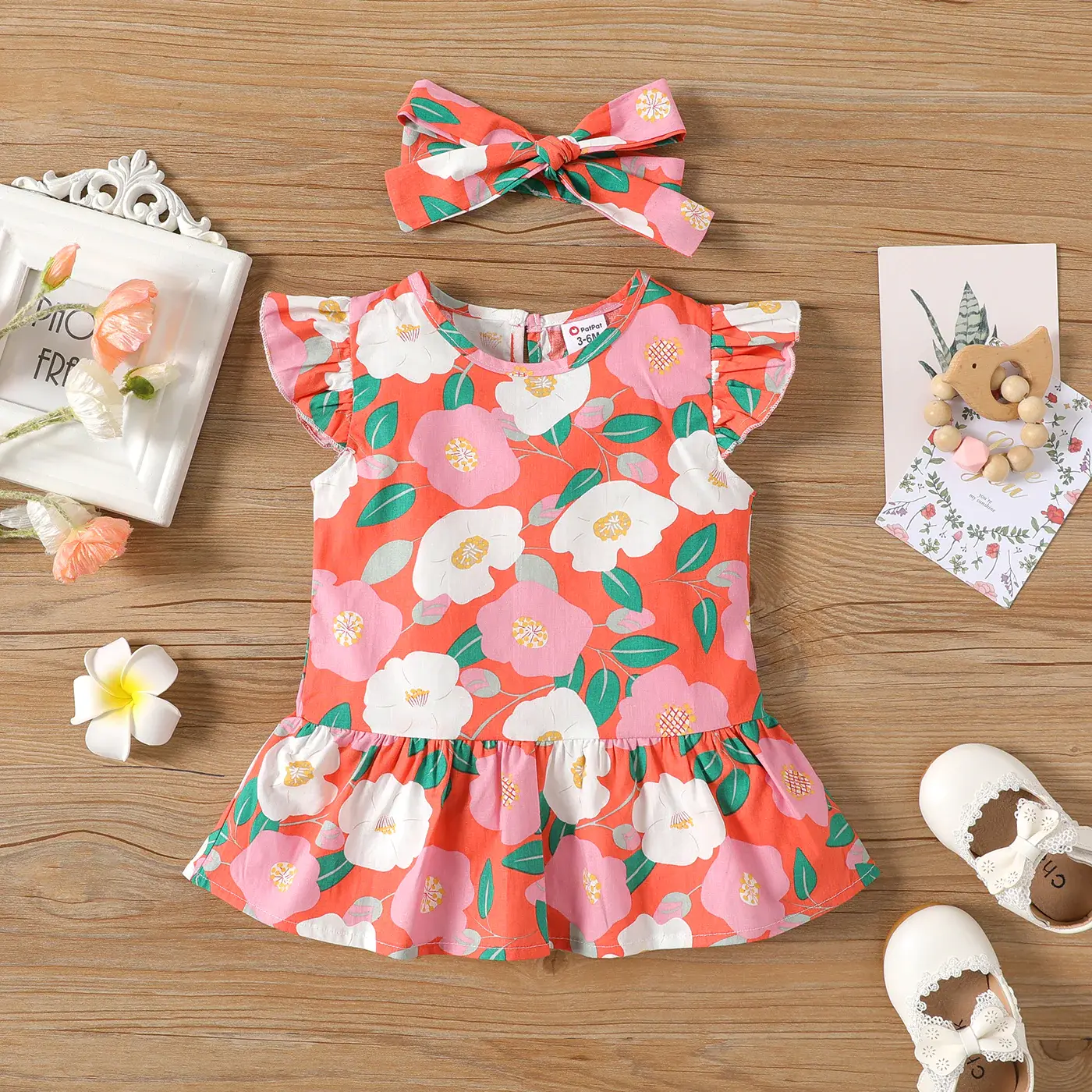 Floral Print Flutter-sleeve Ruffle Hem Dress & Headband Set