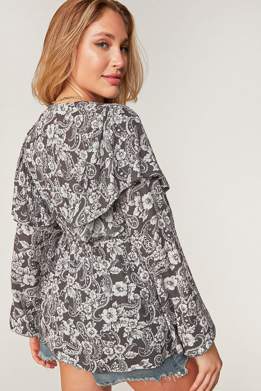 Thumbnail: CHARCOAL ETHNIC FLORAL RUFFLE SHOULDER BUTTONED BLOUSE 