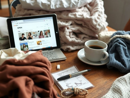 Laundry Piles, Open Laptop, Online Shopping, Messy Table, Coffee Cup